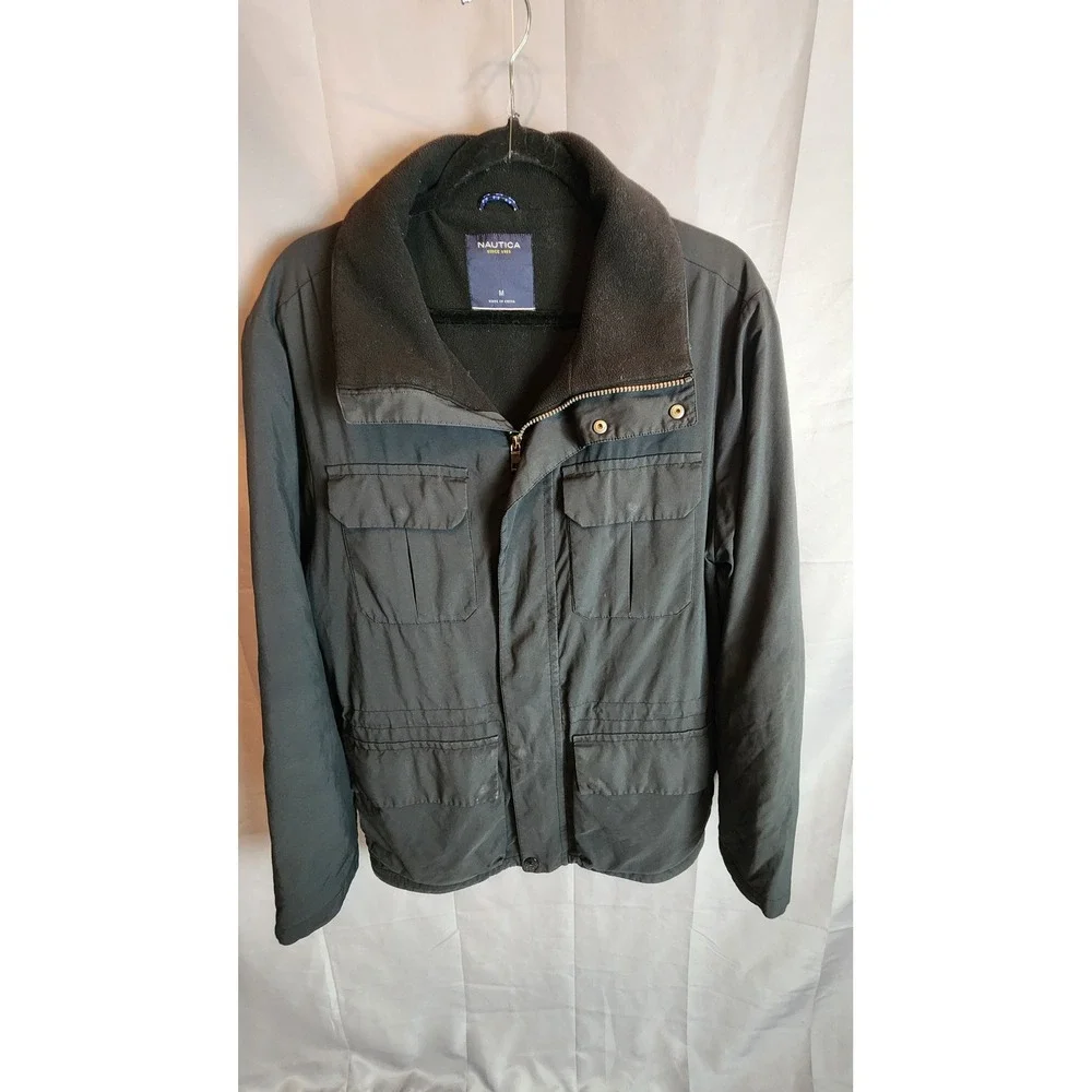 Nautica Mens Black Field Jacket Fleece Lined Collar Utility Cargo Coat Medium